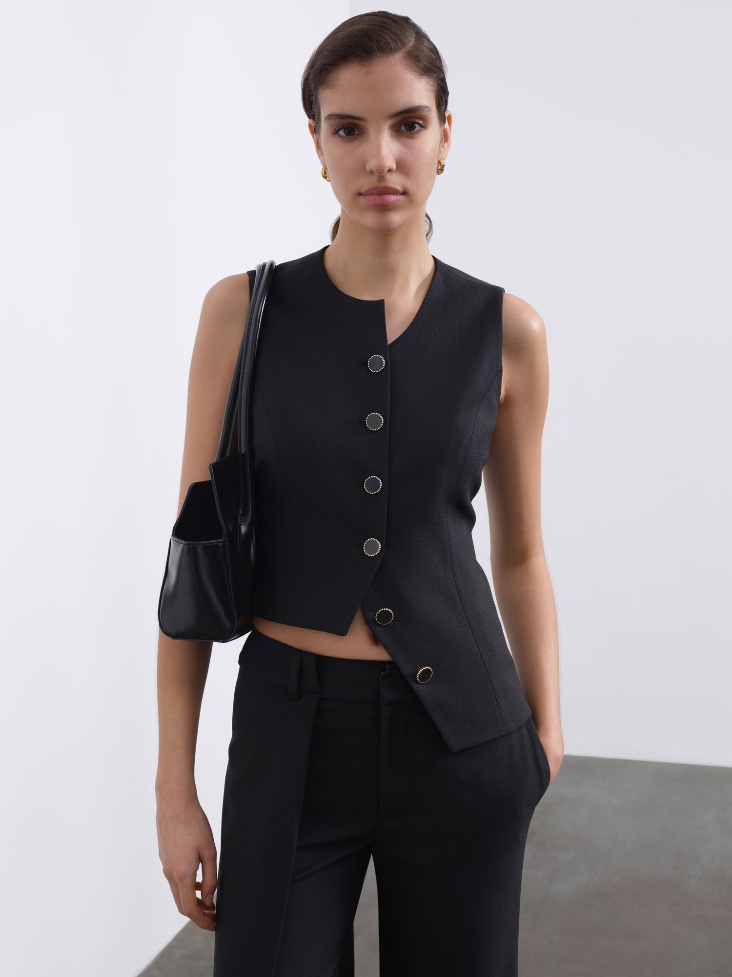 Calin Asymmetric Back-Tie Button Vest — Black