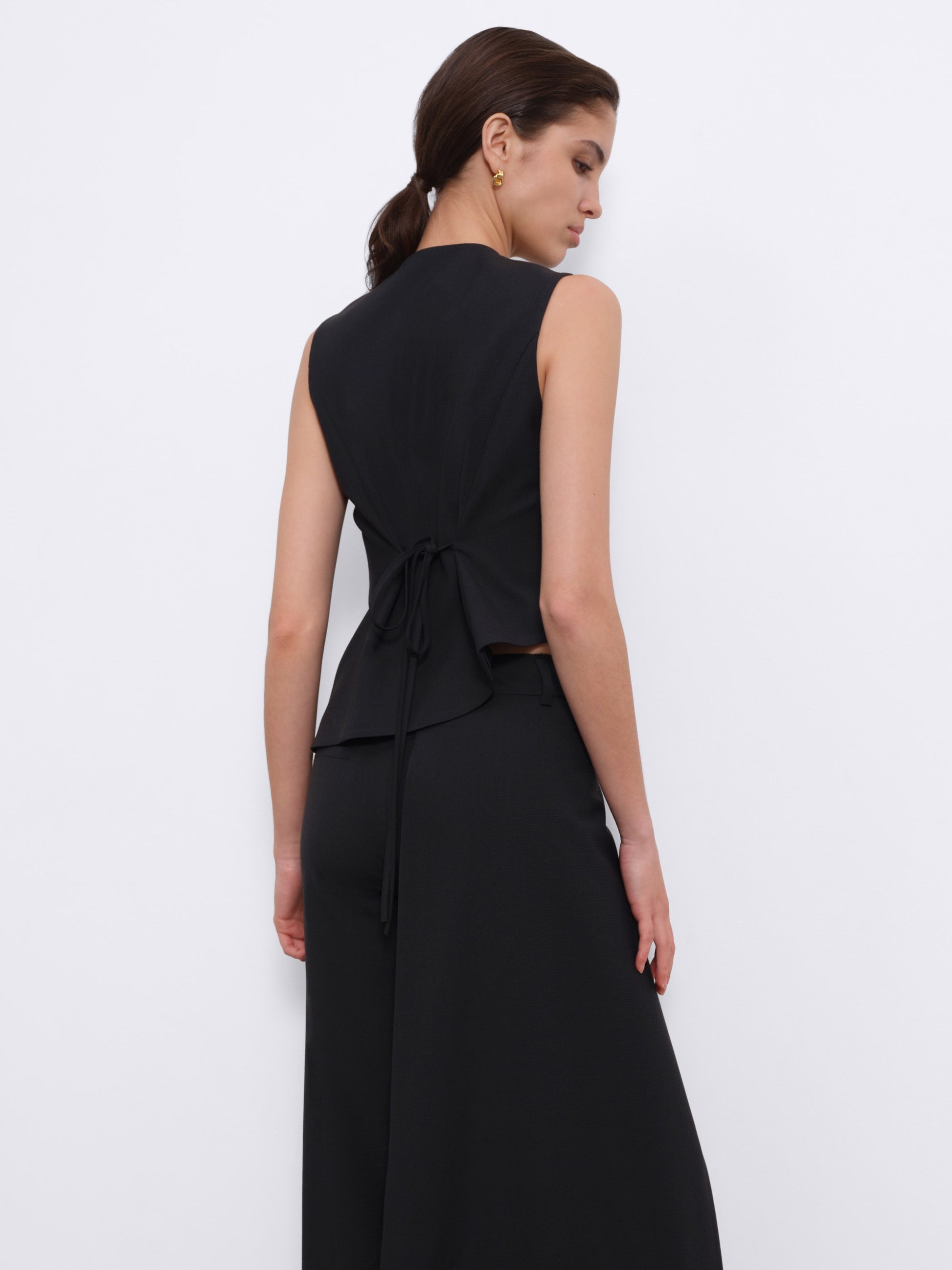 Calin Asymmetric Back-Tie Button Vest — Black