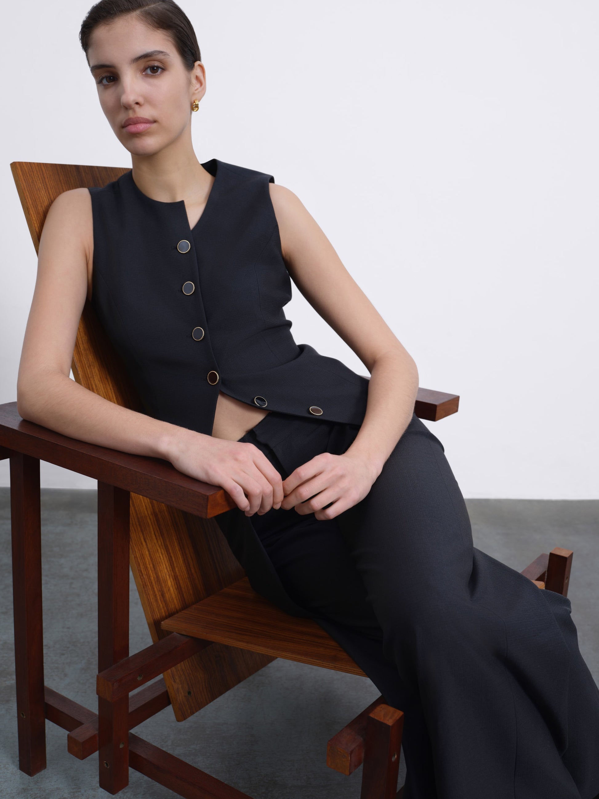 Calin Asymmetric Back-Tie Button Vest — Black