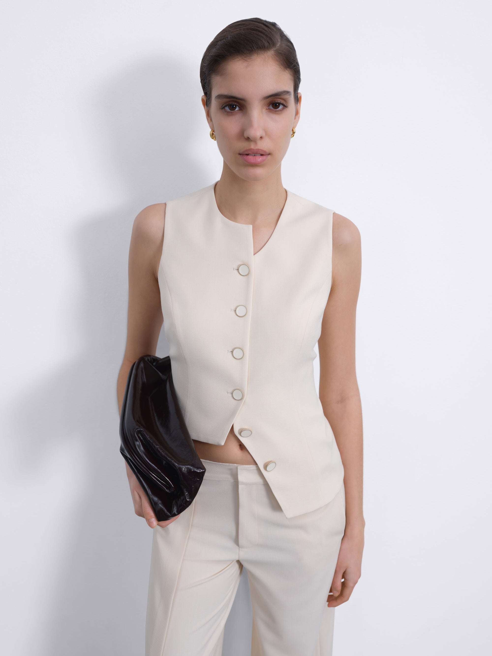 Calin Asymmetric Back-Tie Button Vest — Soft Ivory