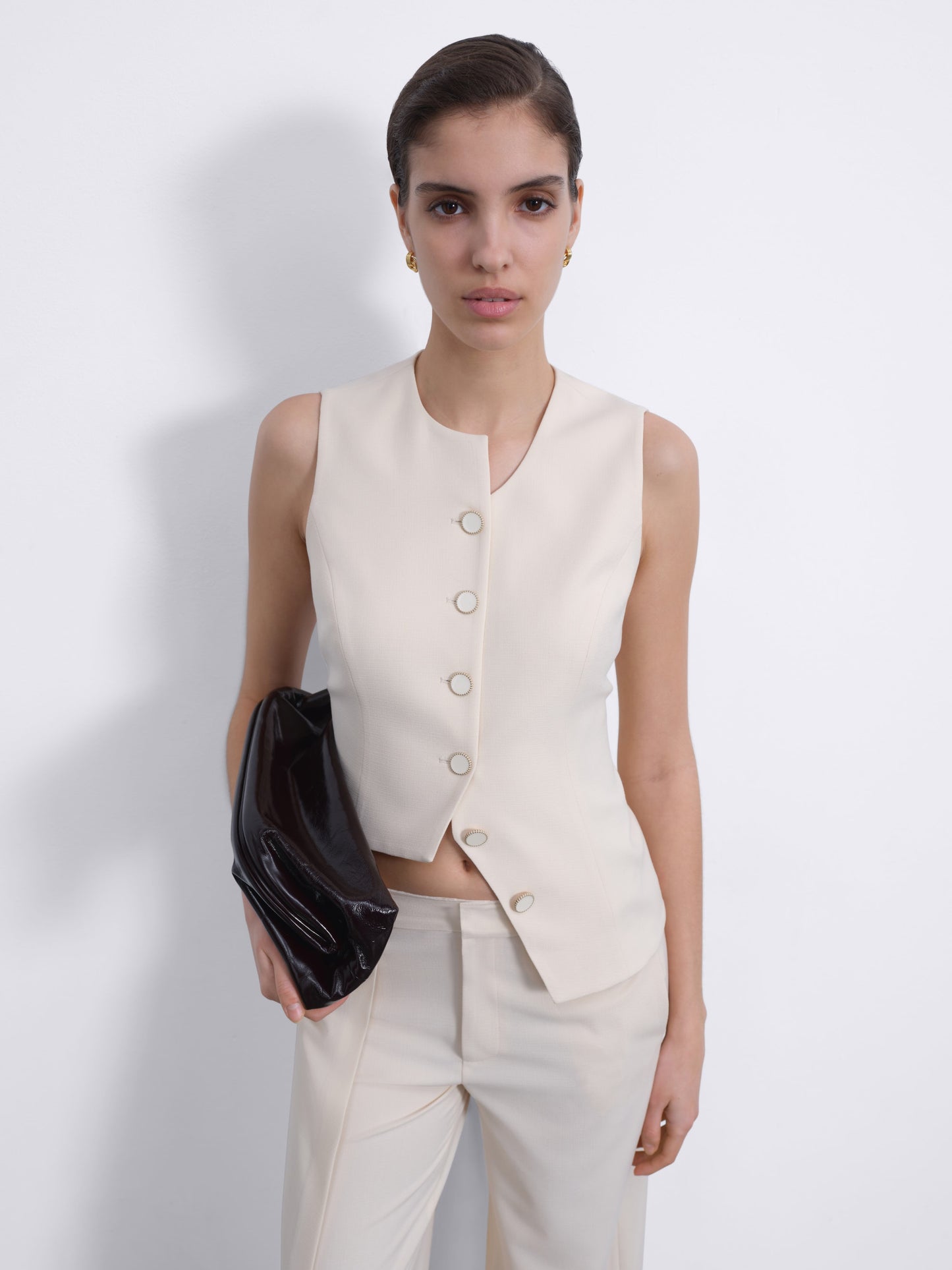 Calin Asymmetric Back-Tie Button Vest — Soft Ivory