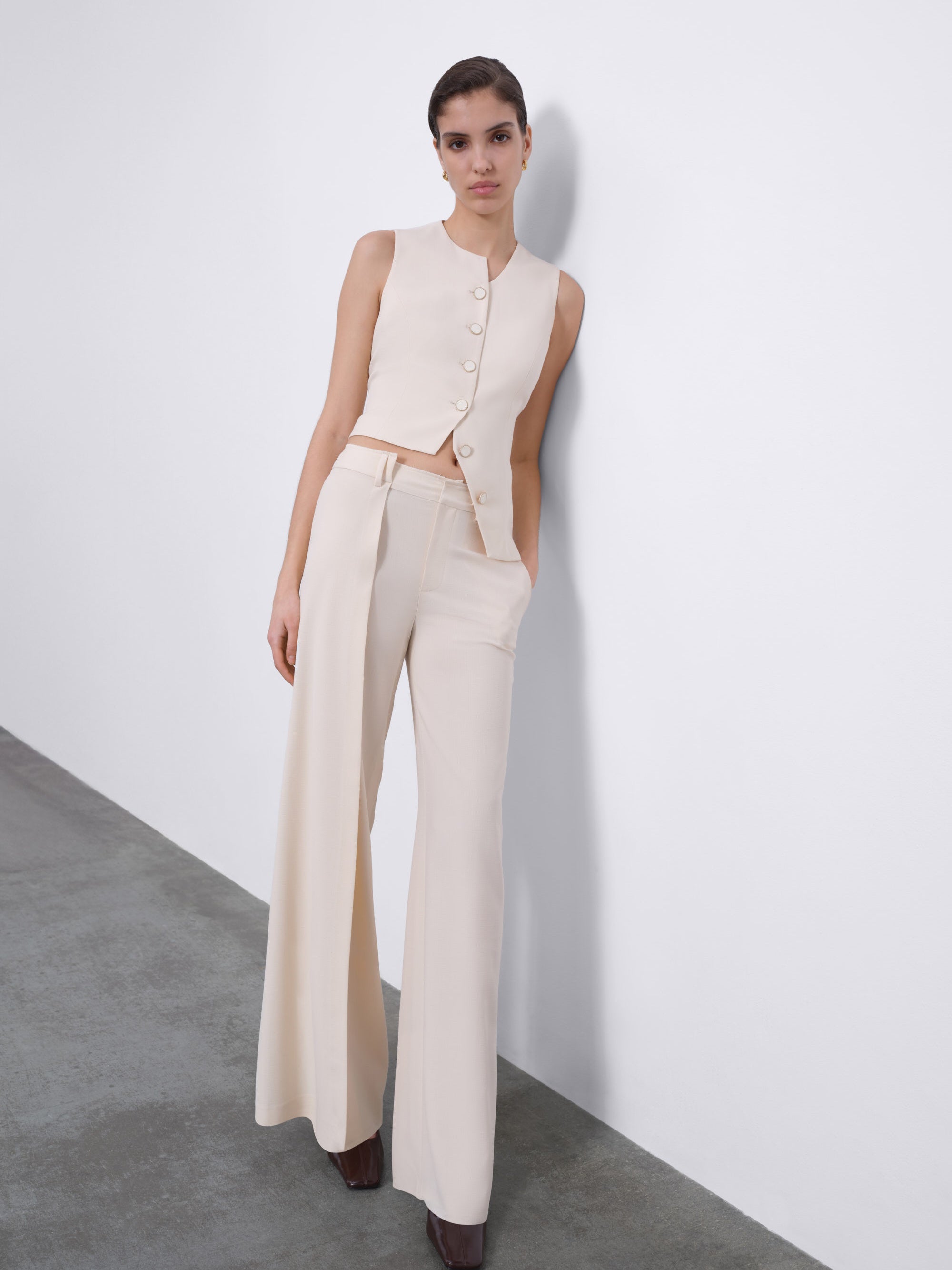 Calin Asymmetric Back-Tie Button Vest — Soft Ivory