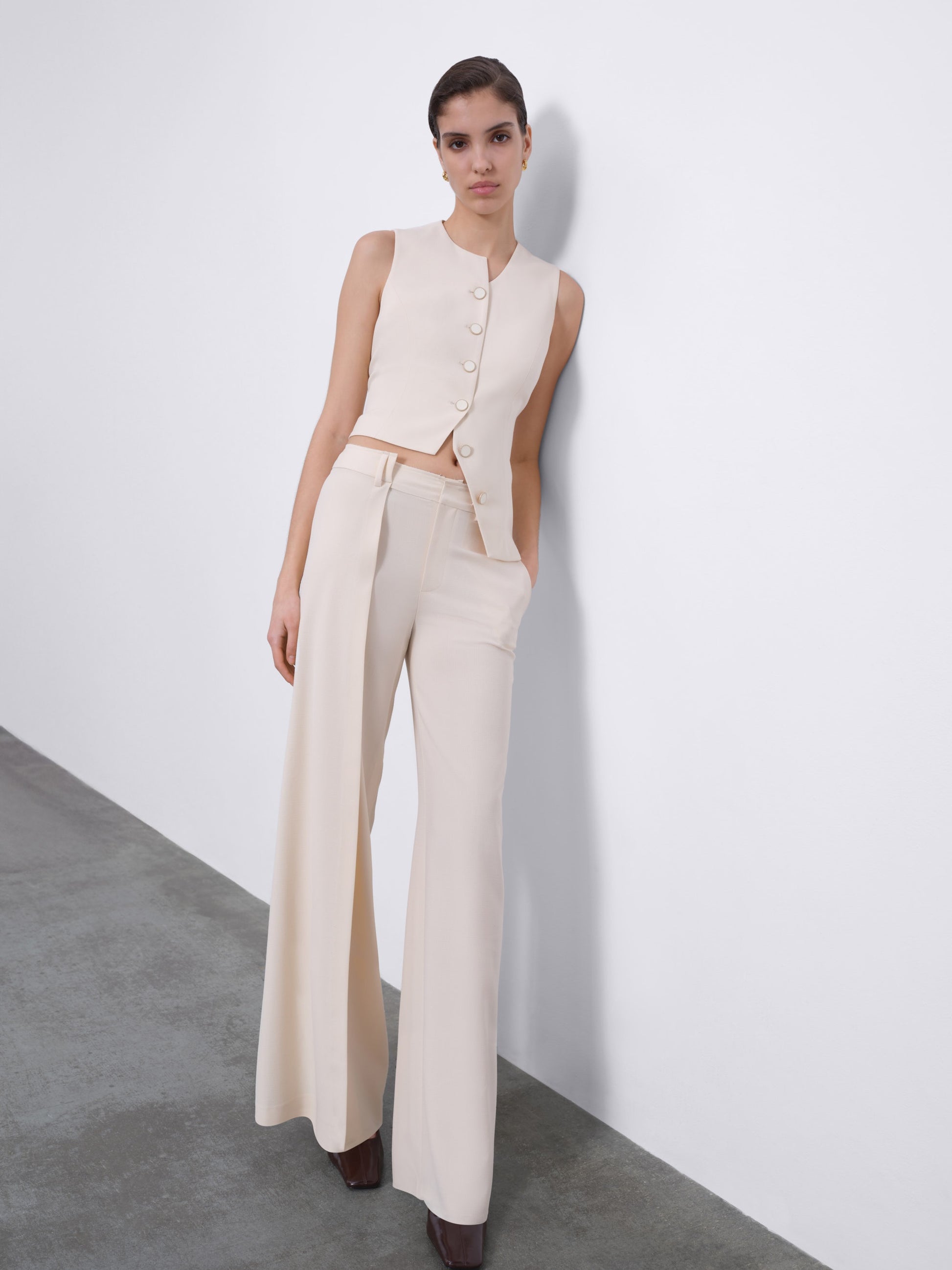 Calin Asymmetric Back-Tie Button Vest — Soft Ivory