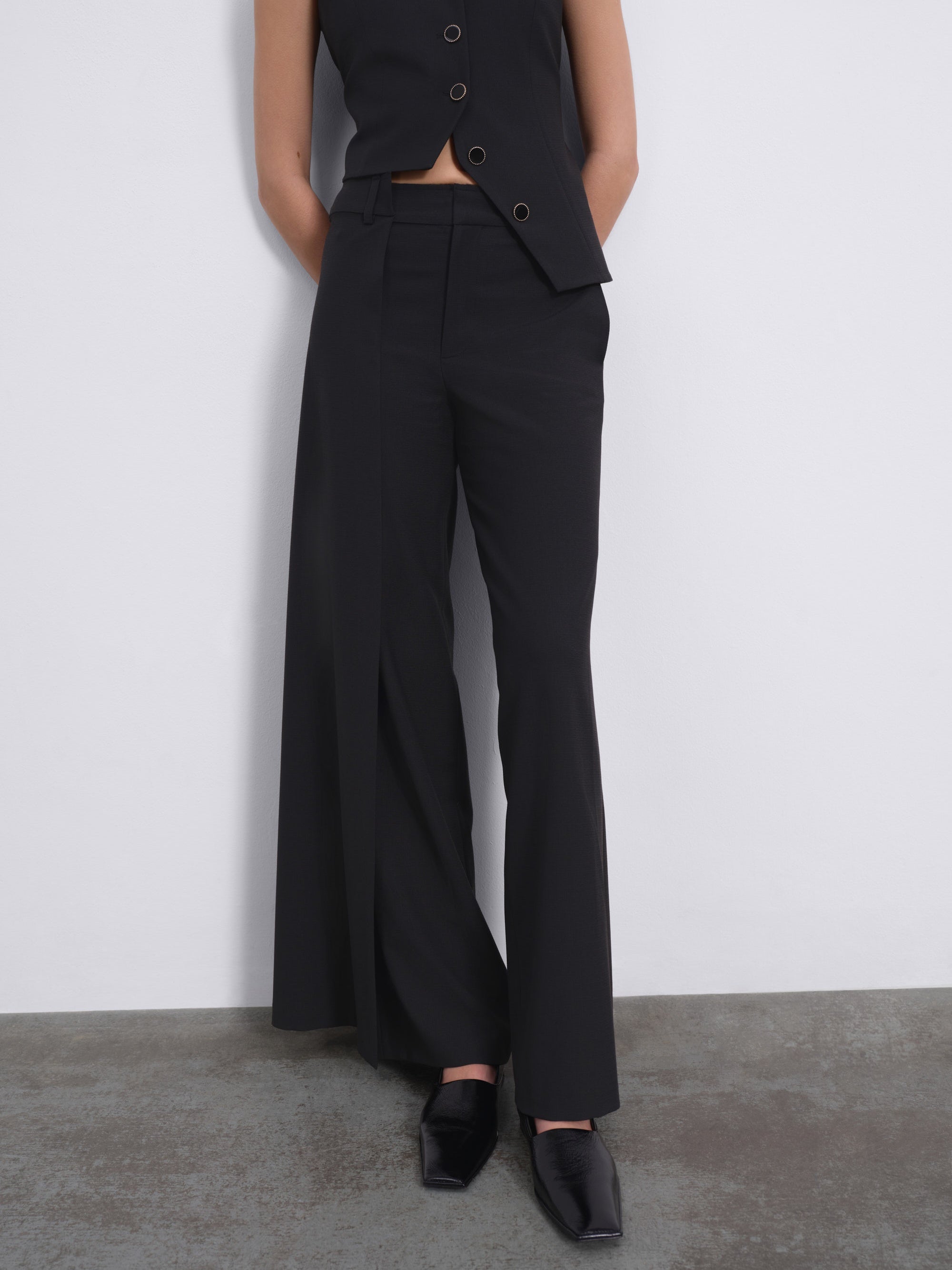 Calin Overlay Wide-Leg Trousers — Black