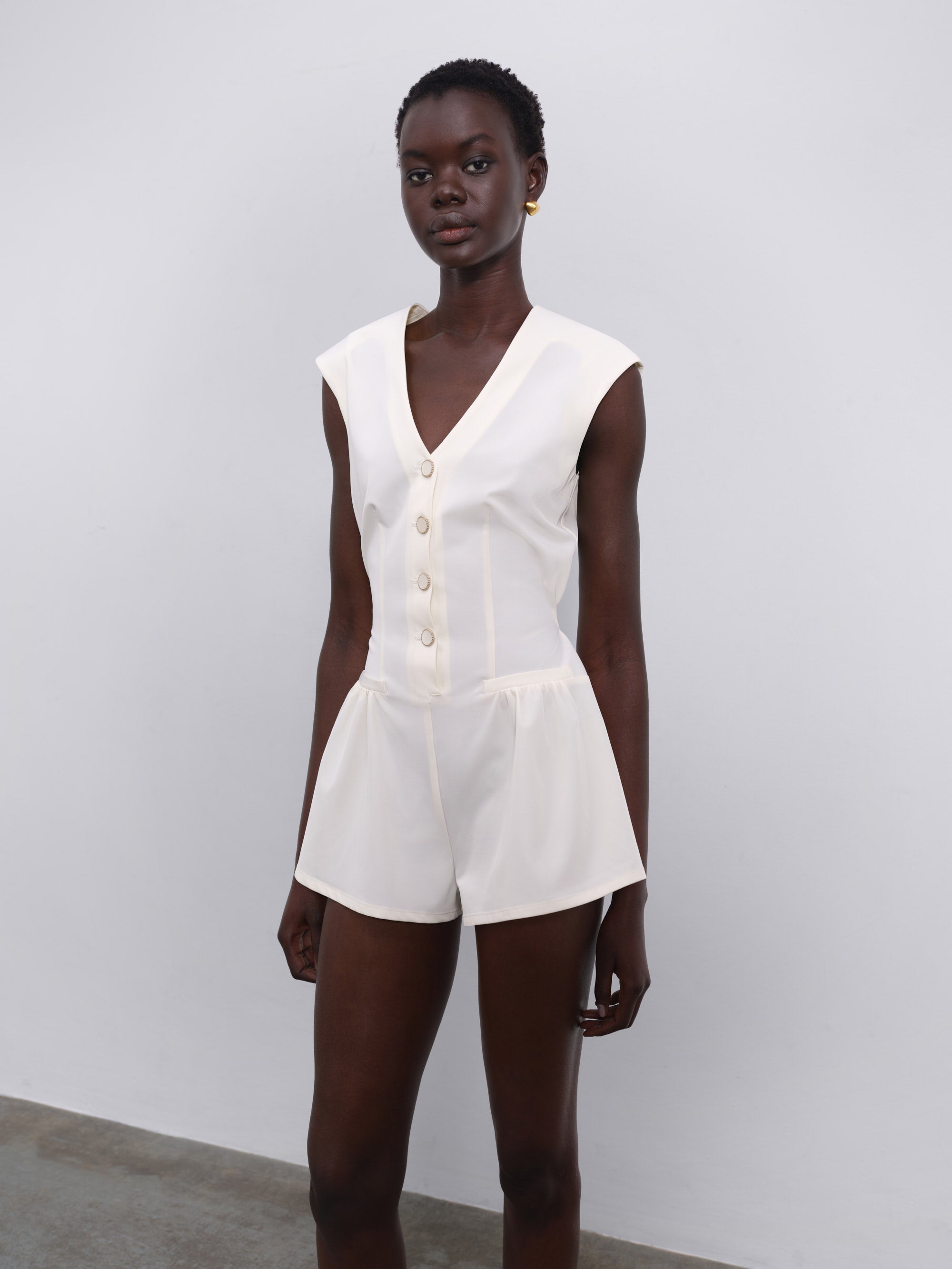 Elara Button-Up V-Neck Mini Jumpsuit