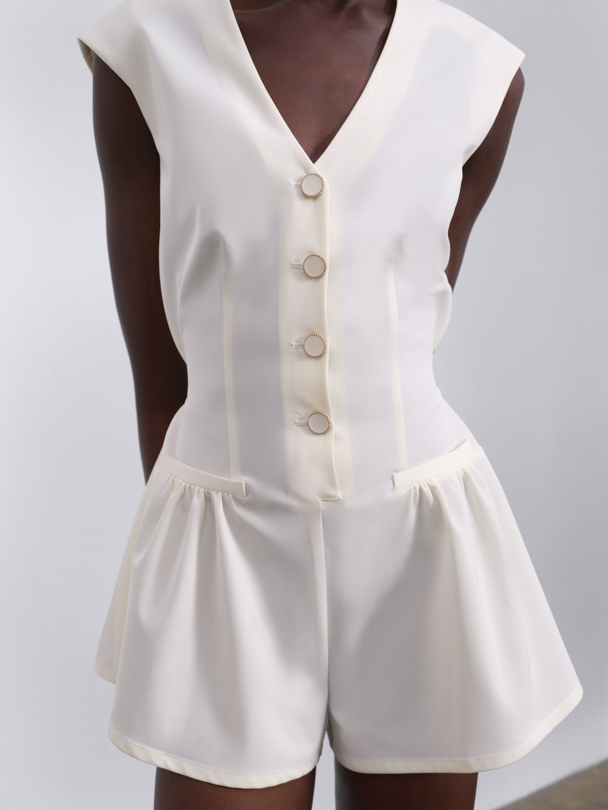 Elara Button-Up V-Neck Mini Jumpsuit