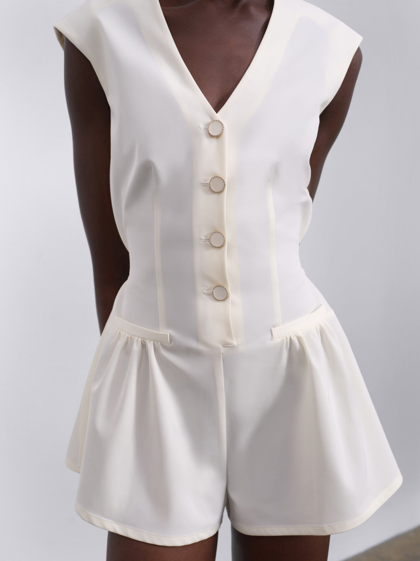 Elara Button-Up V-Neck Mini Jumpsuit