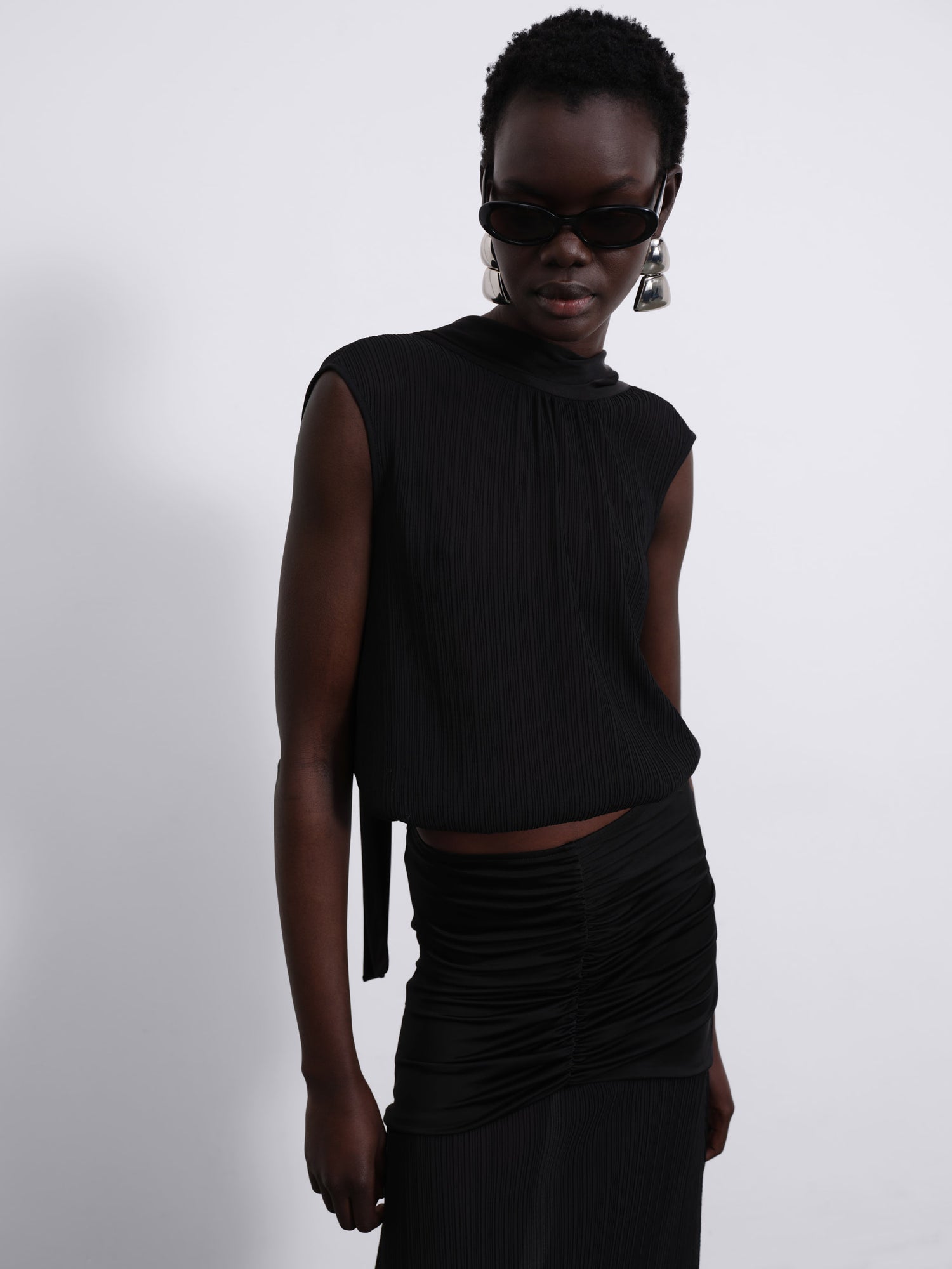 Ellen Pleated Scarf Top — Black