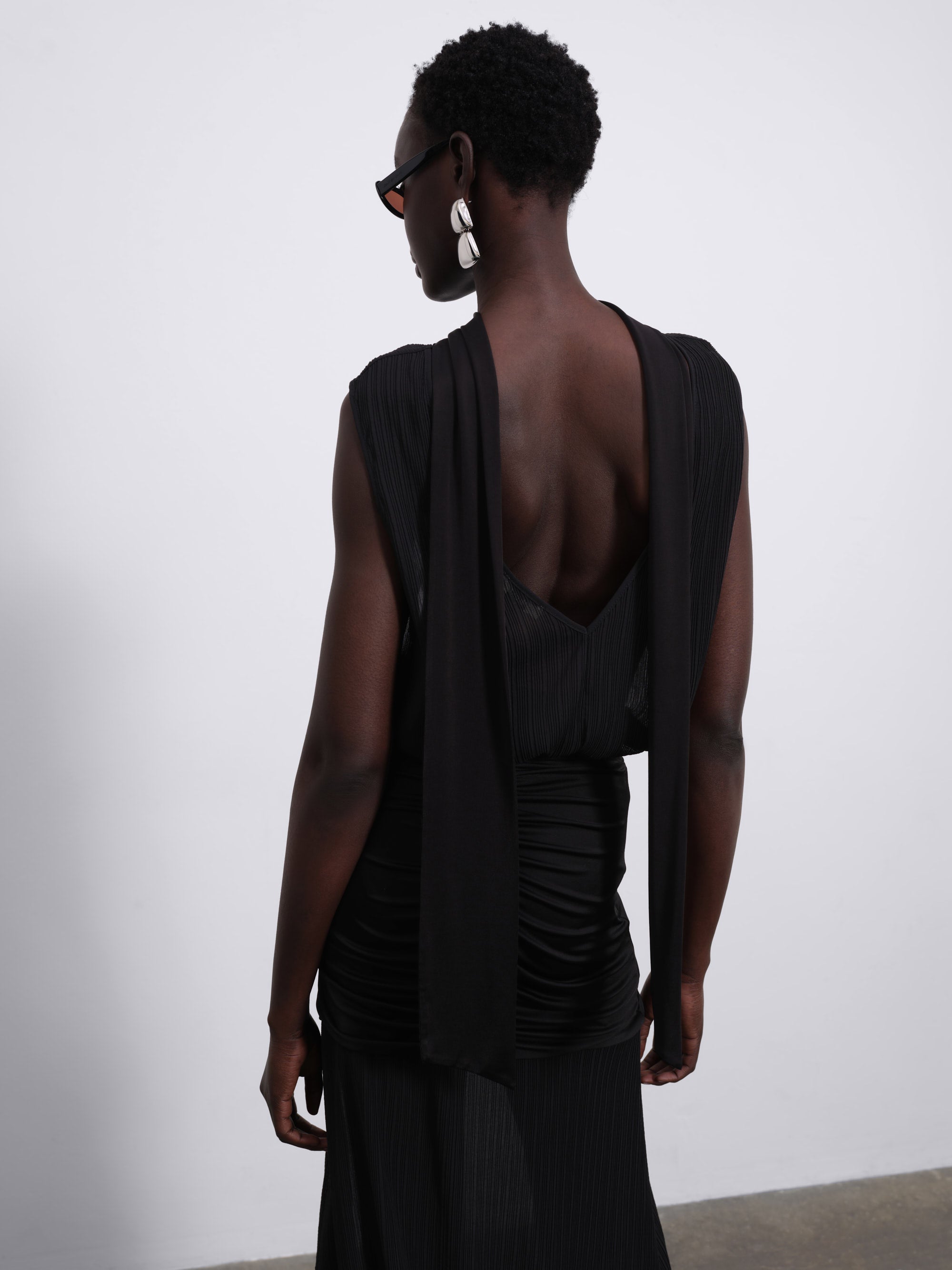 Ellen Pleated Scarf Top — Black