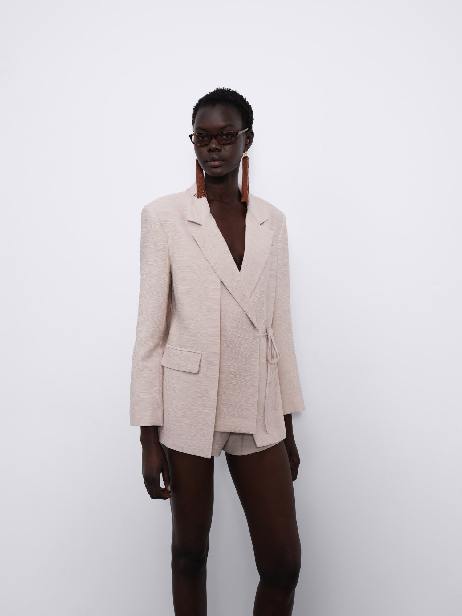 Helia Textured Wrap Tailored Blazer — Stone