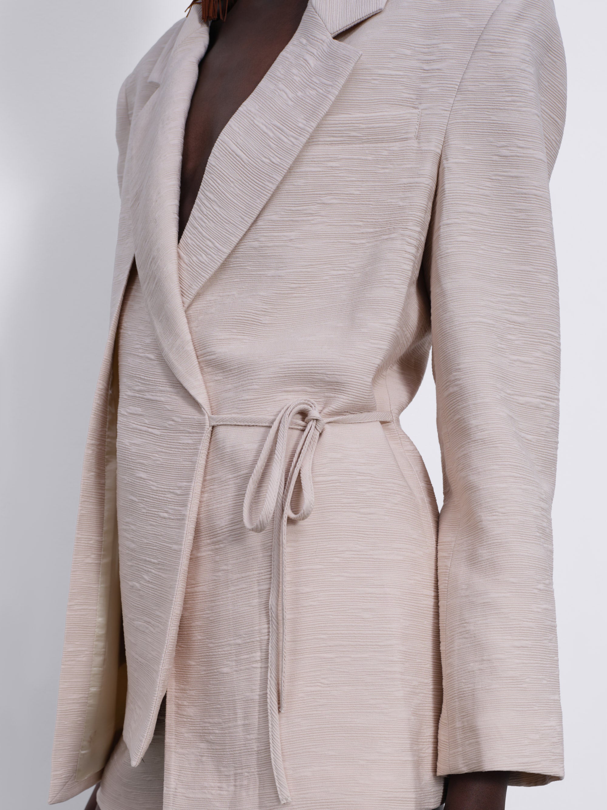 Helia Textured Wrap Tailored Blazer — Stone