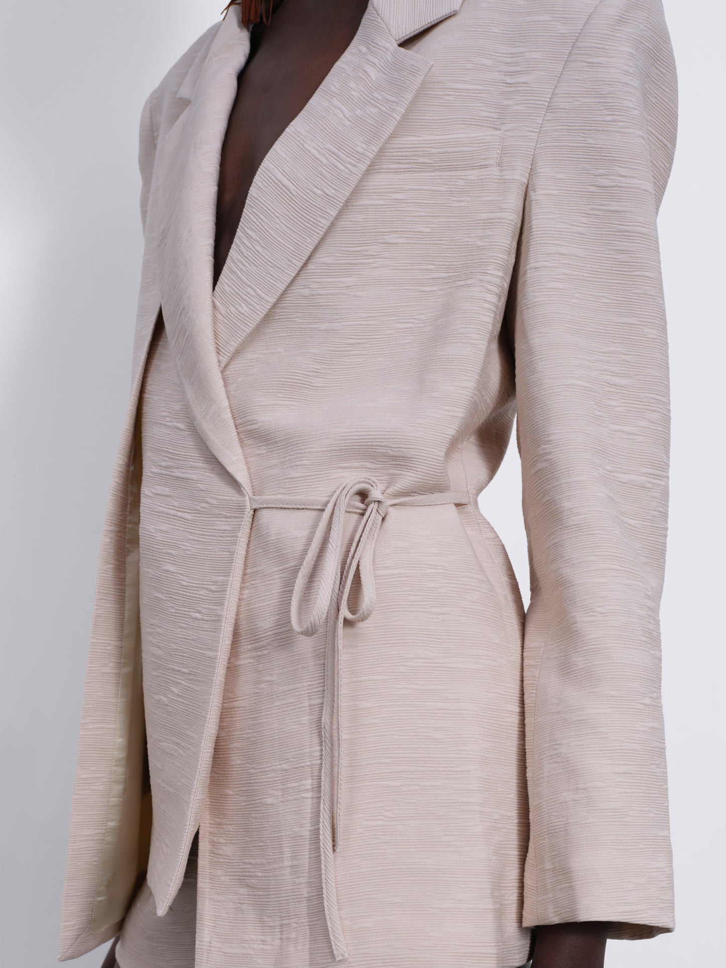 Helia Textured Wrap Tailored Blazer — Stone