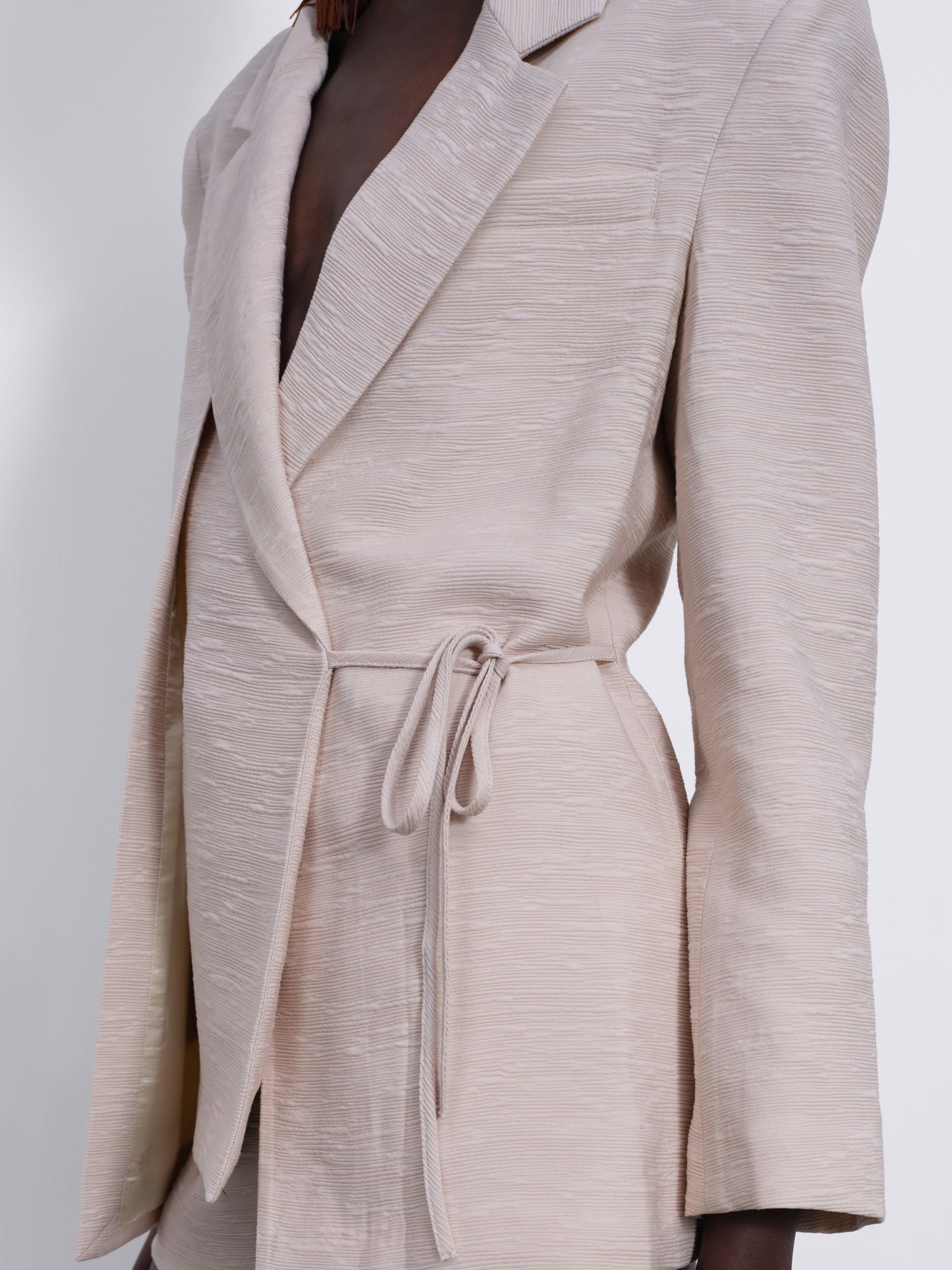 Helia Textured Wrap Tailored Blazer — Stone