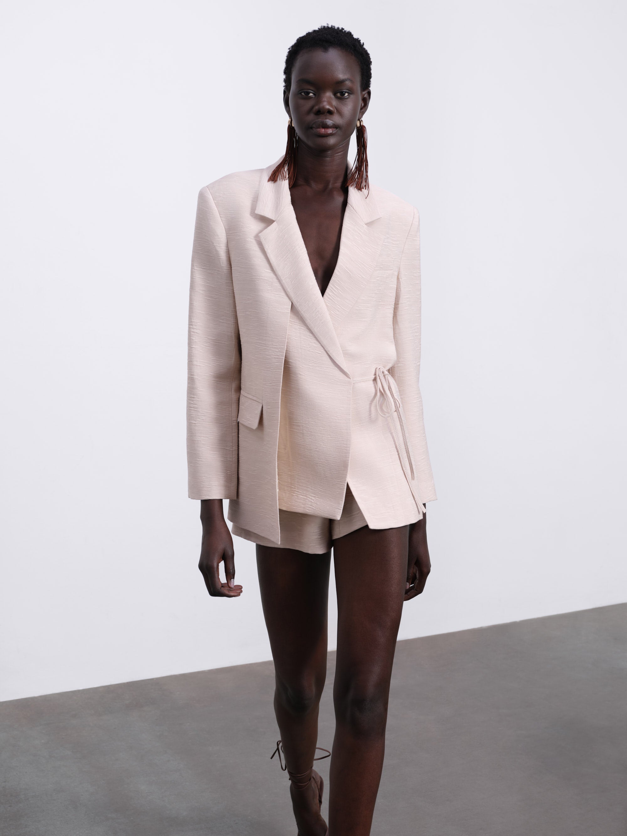 Helia Textured Wrap Tailored Blazer — Stone