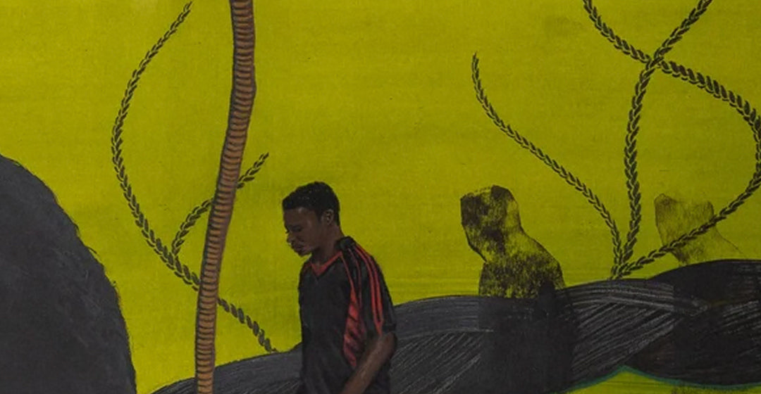 Detail of a painting by Bunmi Agusto, with braids growing from the ground like roots