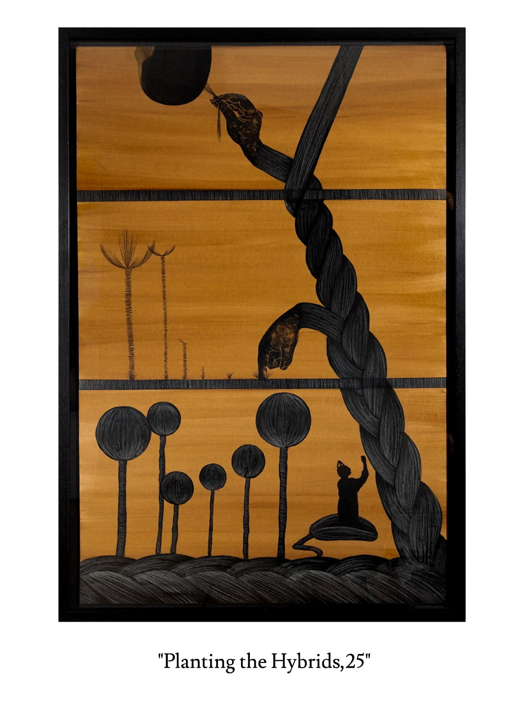 Planting the Hybrids (2025) by Bunmi Agusto, a painting of a giant braid growing up from the ground