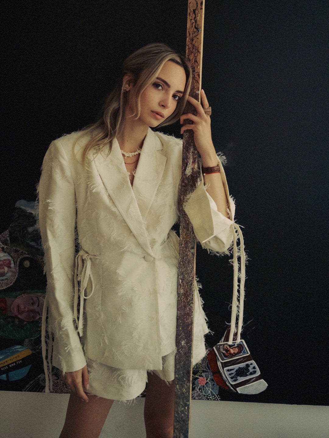 Lal Batman in her studio wearing the SÉLONE Jora Fringe Open-Back Blazer