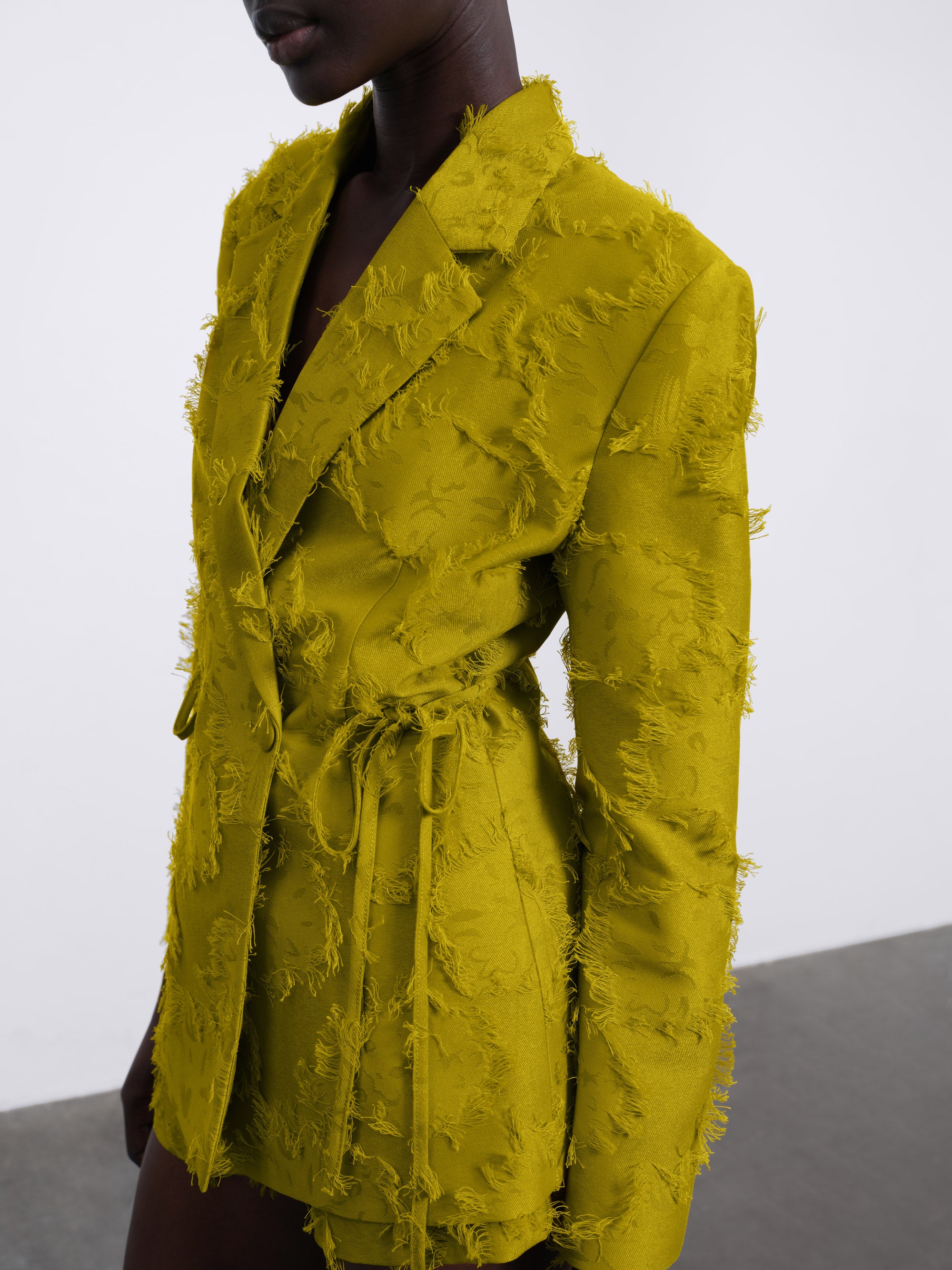 Jora Fringe Textured Open-Back Blazer — Green