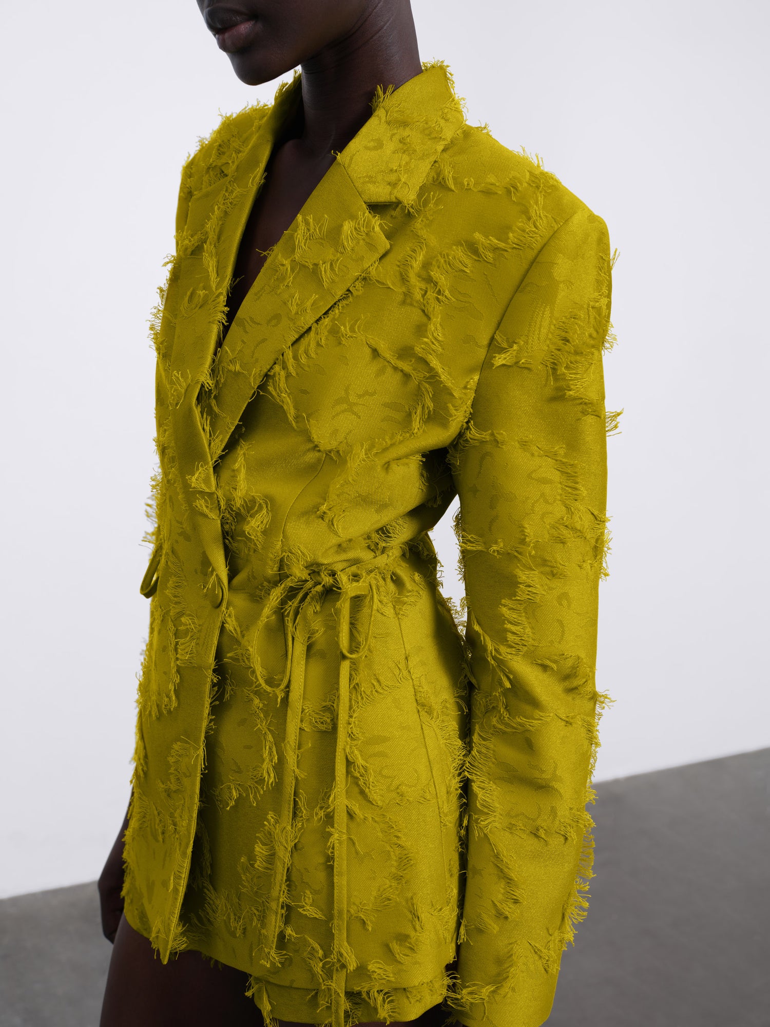 Jora Fringe Textured Open-Back Blazer — Green