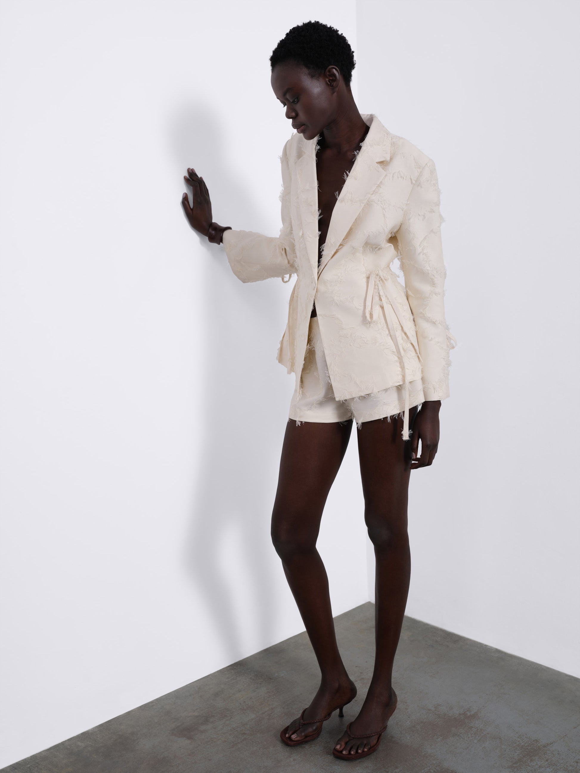 Jora Fringe Textured Open-Back Blazer — Cream