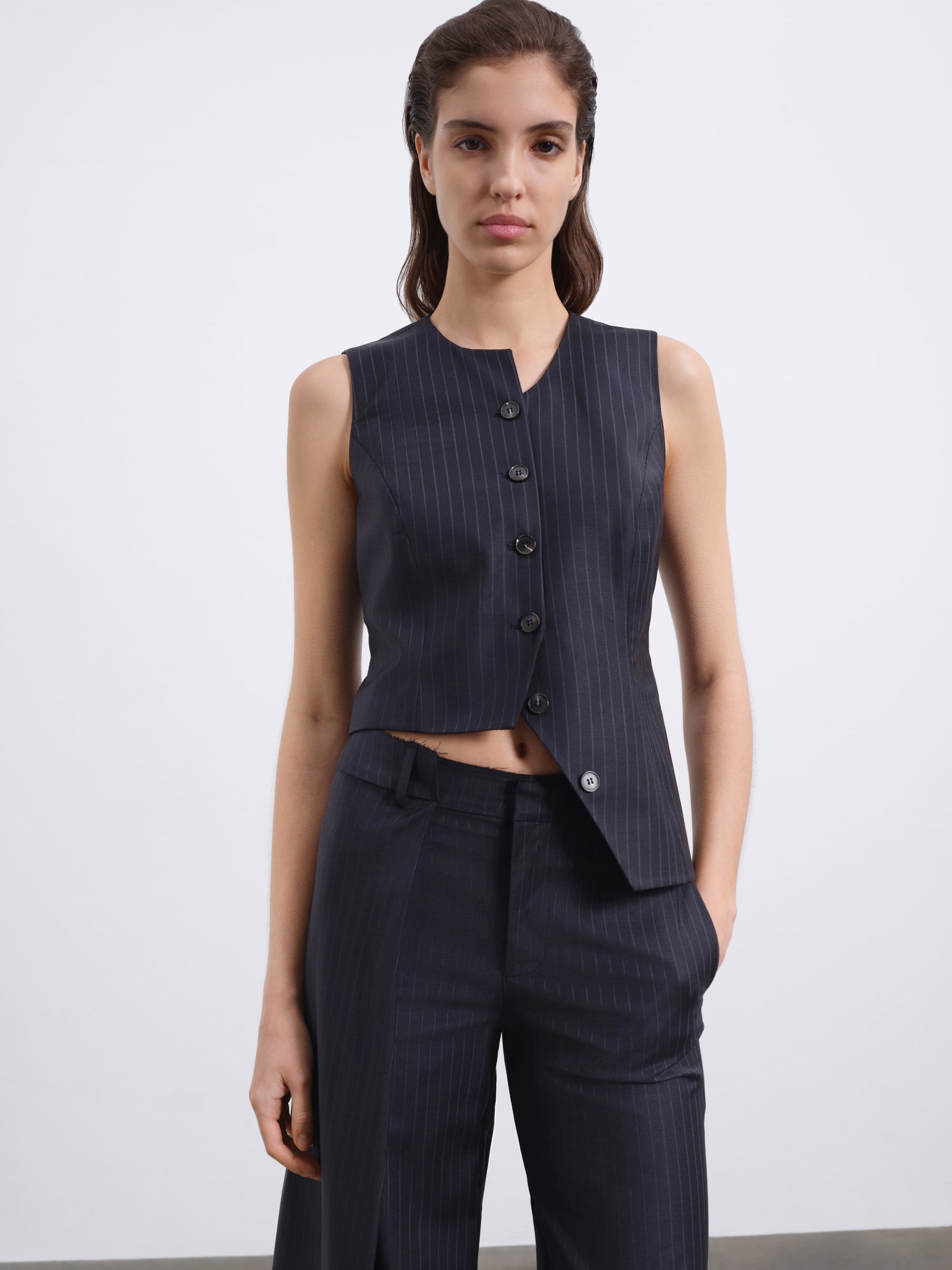 Noira Asymmetric Back-Tie Button Wool Vest