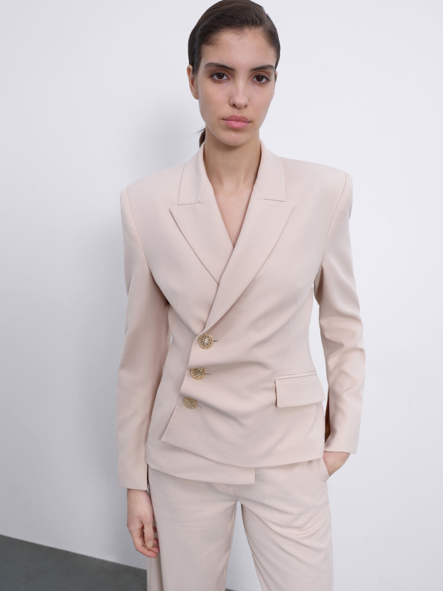 Oris Asymmetric Twist Tailored Blazer — Warm Beige