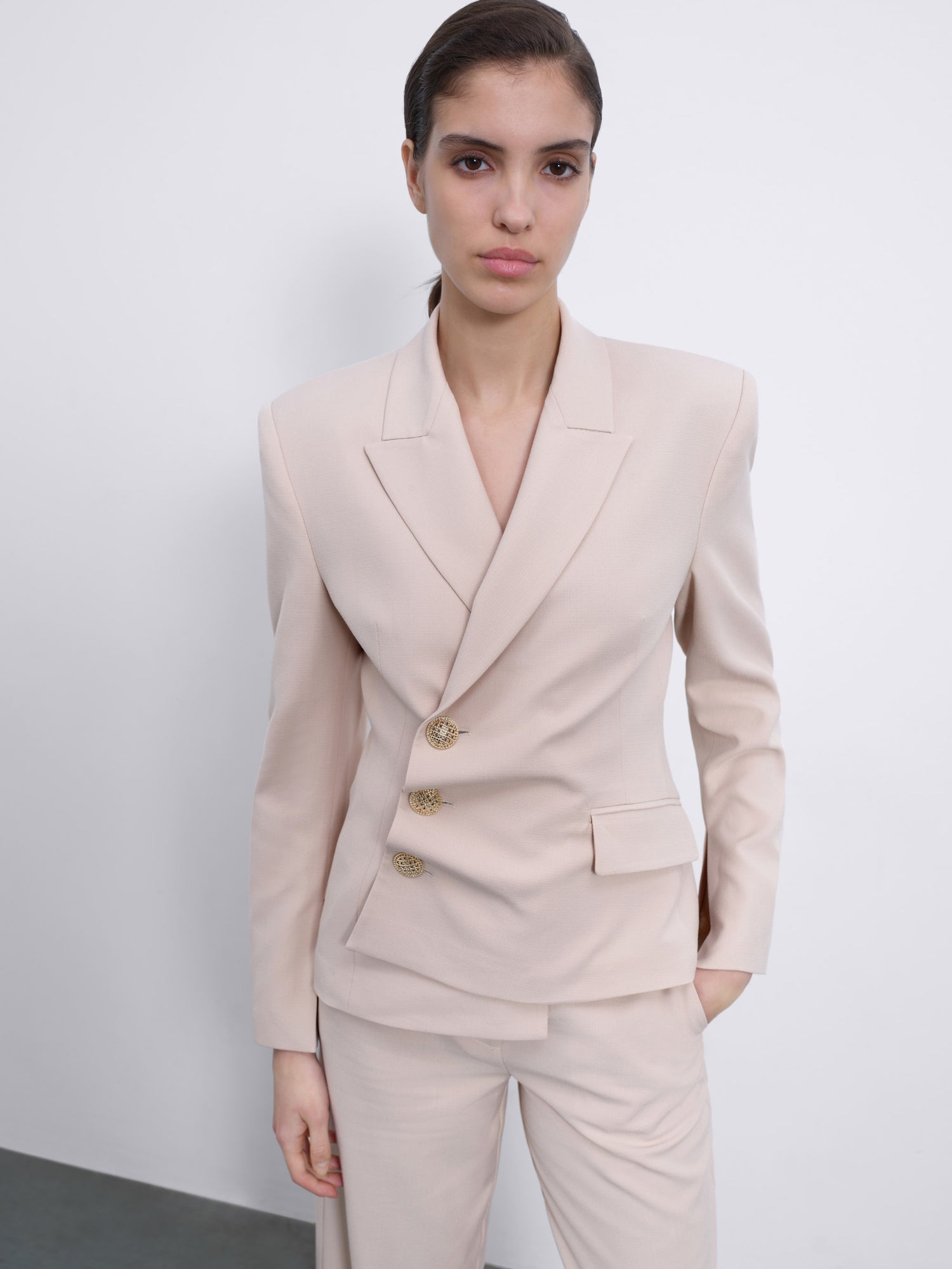 Oris Asymmetric Twist Tailored Blazer — Warm Beige