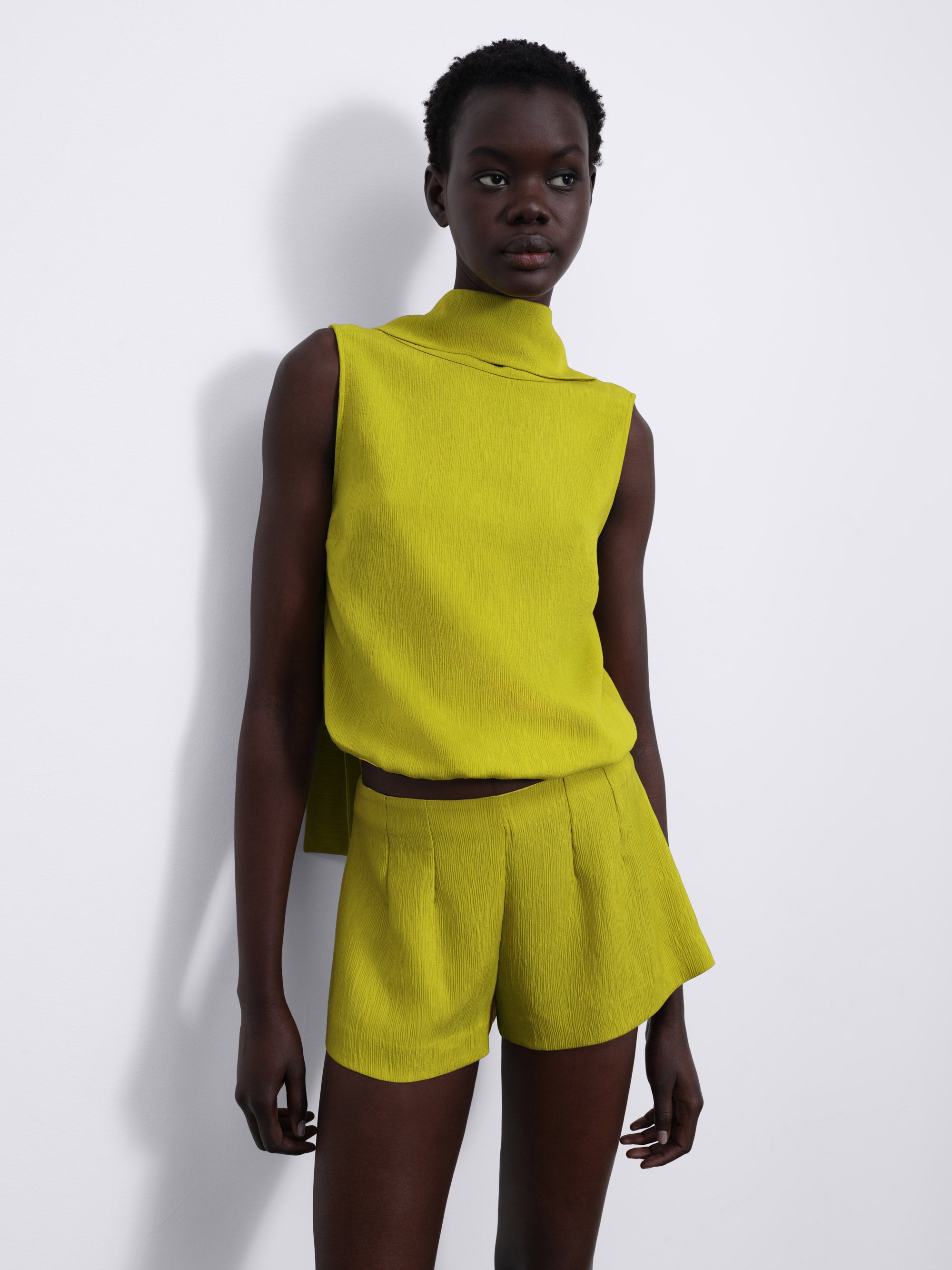 Selis Textured Scarf-Tie Top — Oil Green