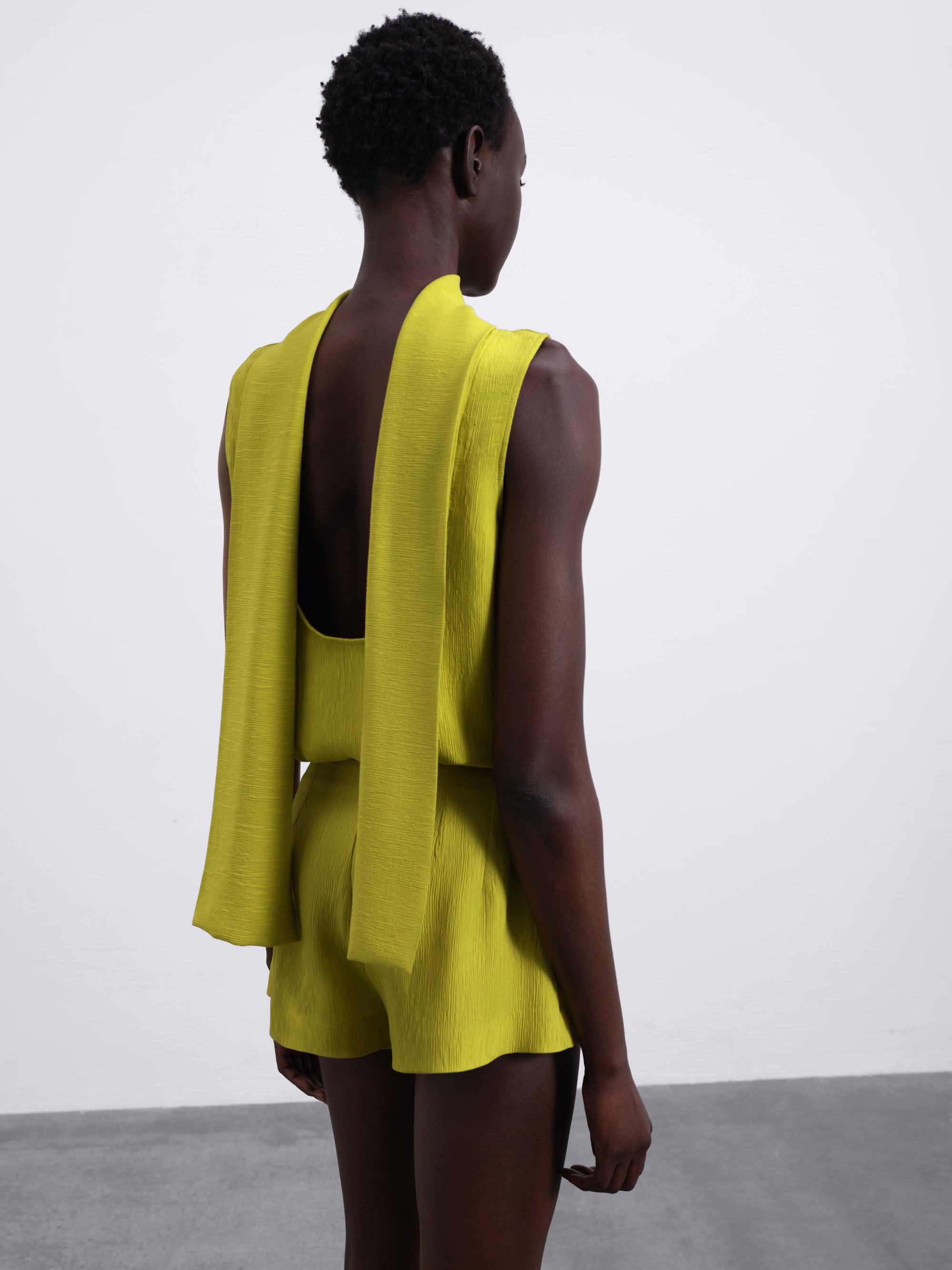 Selis Textured Scarf-Tie Top — Oil Green