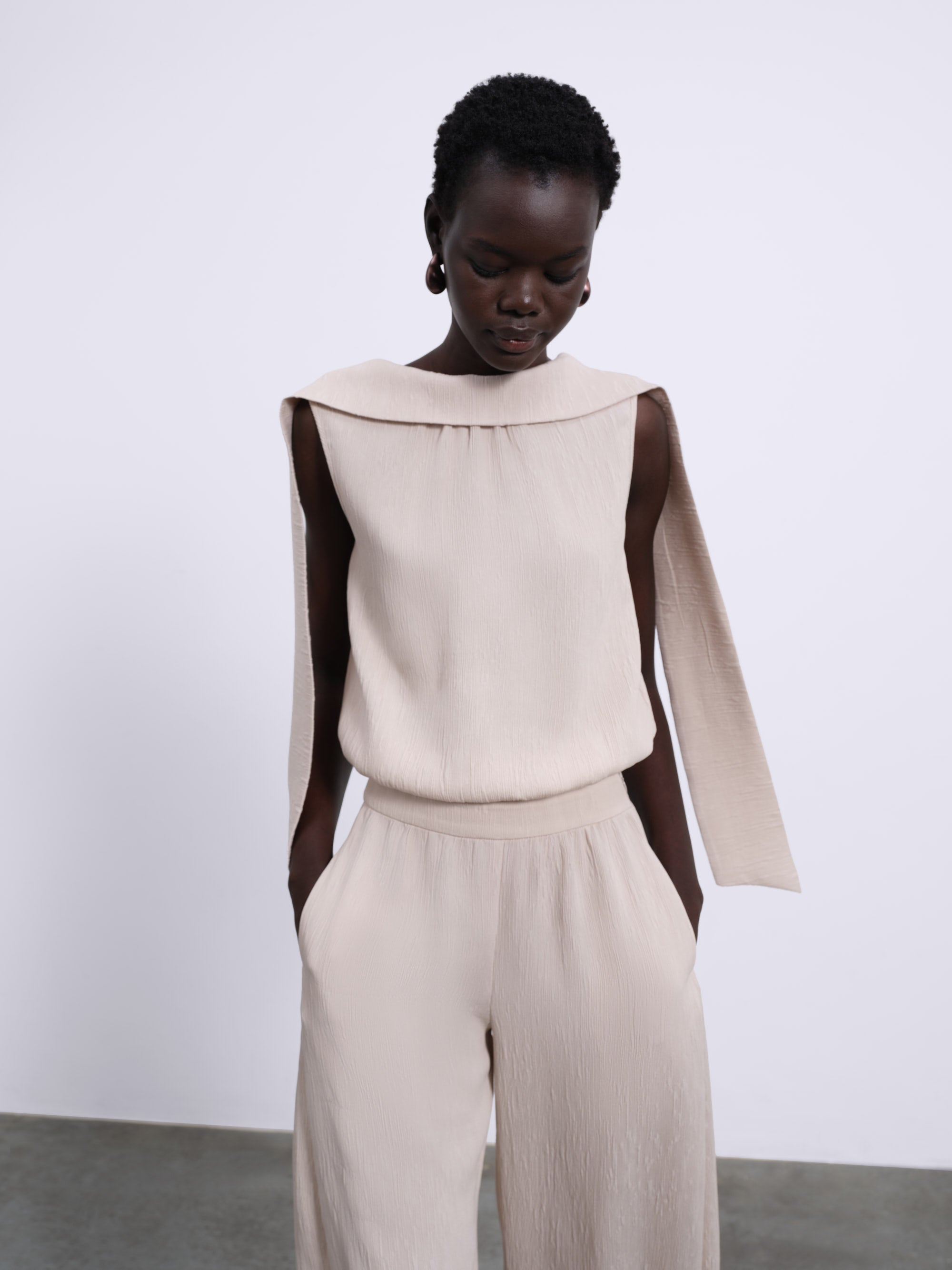 Selis Textured Scarf-Tie Top — Stone