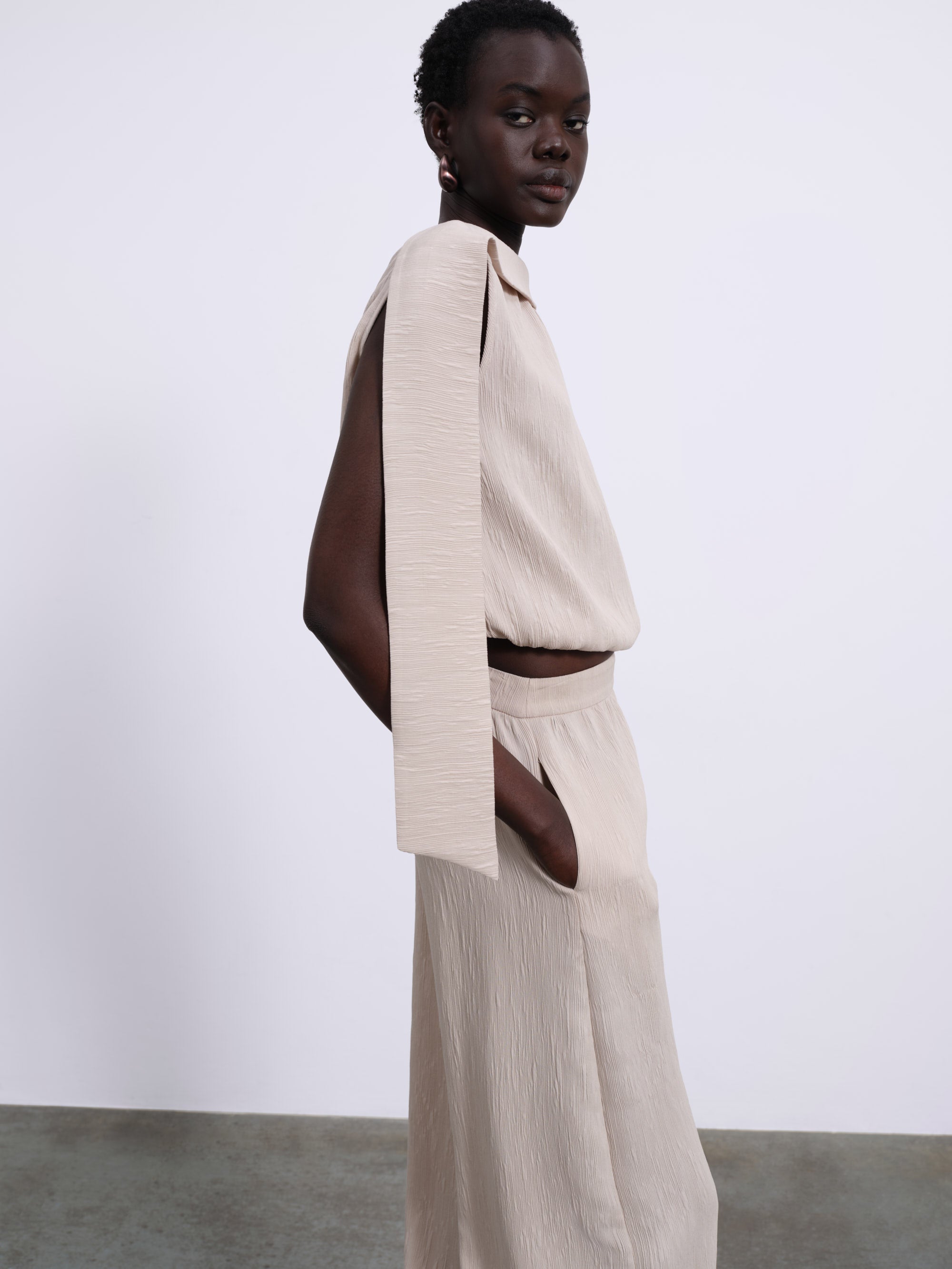 Selis Textured Scarf-Tie Top — Stone