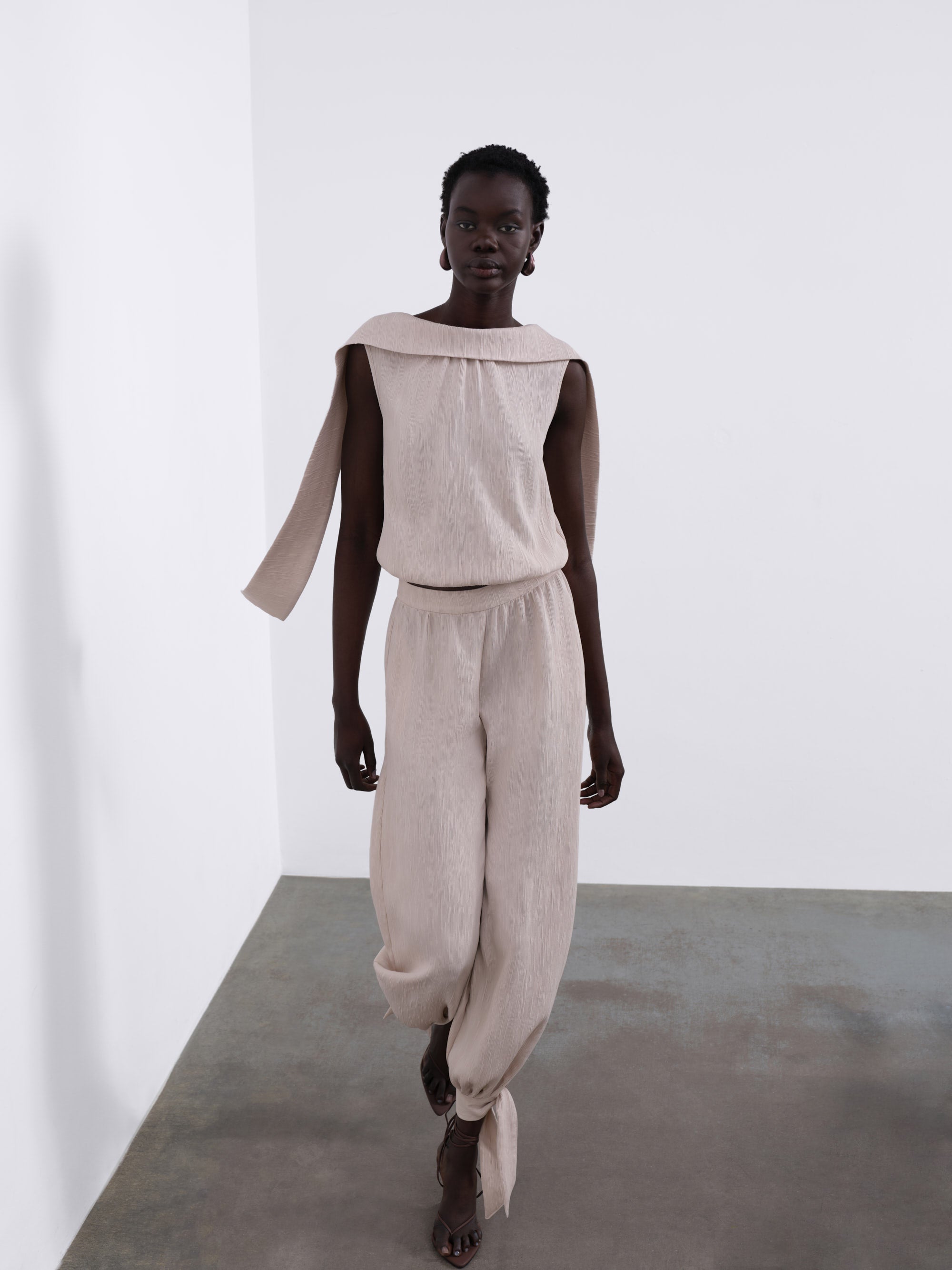 Selis Textured Scarf-Tie Top — Stone